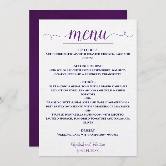 Menu Simple Elegant violet & bleu marine sur Mariage bl (Devant / Derrière)