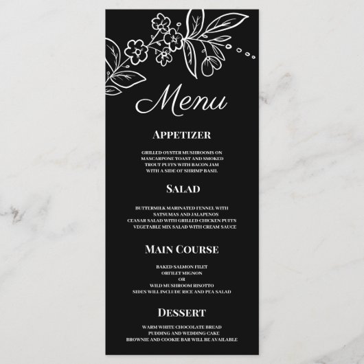 Menu simple et élégant, Mariage à fleurs noir (Devant)