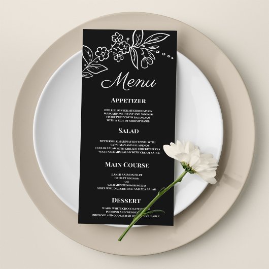 Menu simple et élégant, Mariage à fleurs noir
