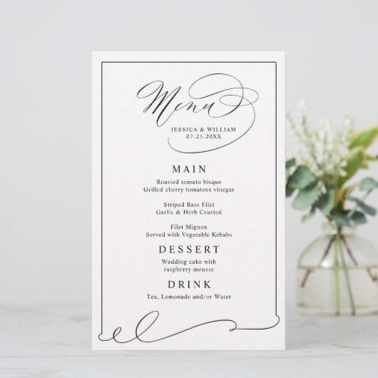 Menu Simple Et Élégant Mariage Noir Et Blanc (Debout devant)