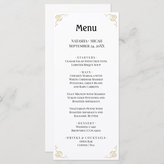 Menu simple et élégant White and Faux Gold (Devant / Derrière)