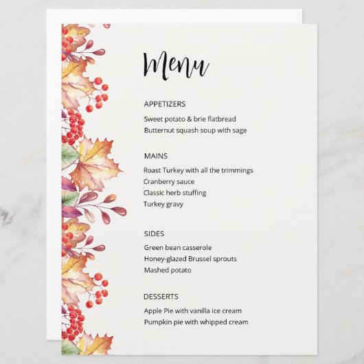 Menu simple et rustique de dîner de Thanksgiving a (Devant / Derrière)