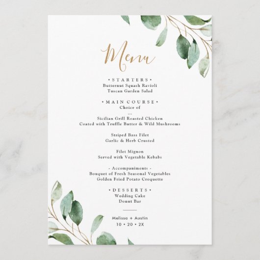 Menu Simple Eucalyptus Verdure Mariage élégant (Devant)
