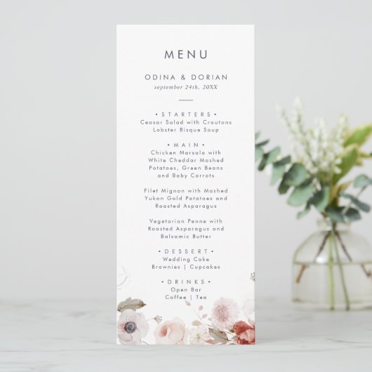 Menu Simple Floral Mariage Dinner Menu (Debout devant)