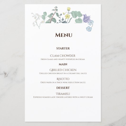 Menu simple floral minimaliste Mariage (Devant)