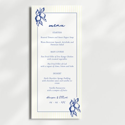 Menu Simple mariage bleu et jaune à doodle de citrons