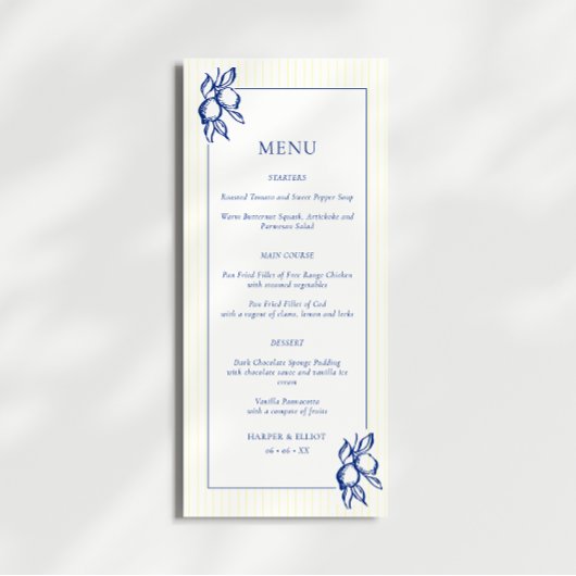 Menu Simple mariage bleu et jaune à motifs de citrons