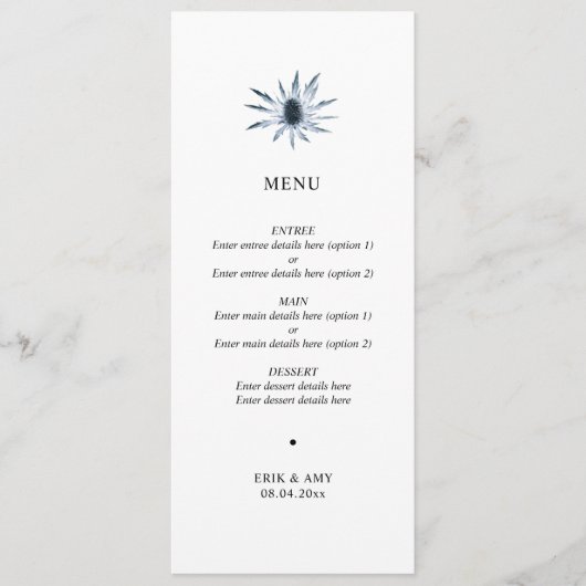 Menu simple Mariage floral de chardon bleu (Devant)