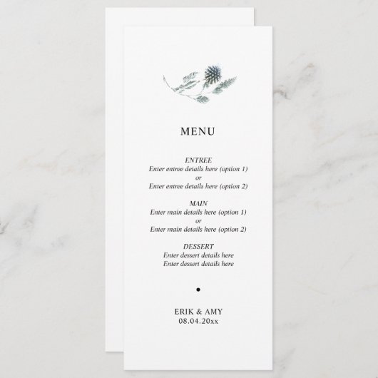 Menu simple Mariage floral de chardon bleu (Devant / Derrière)