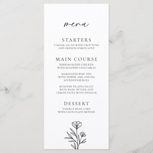 Menu Simple Mariage Floral noir et blanc (Devant)
