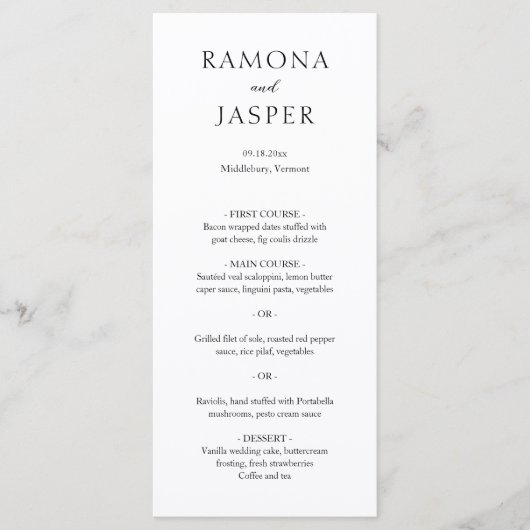 Menu Simple Mariage Moderne Noir et Blanc Gras (Devant)