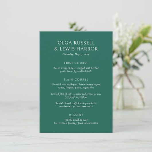 Menu Simple Mariage Moderne Vert Émeraude (Debout devant)