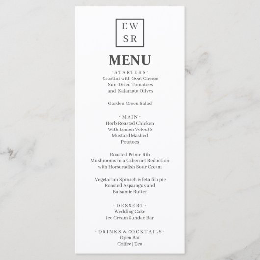 Menu simple Mariage Monogramme blanc et gris (Devant)