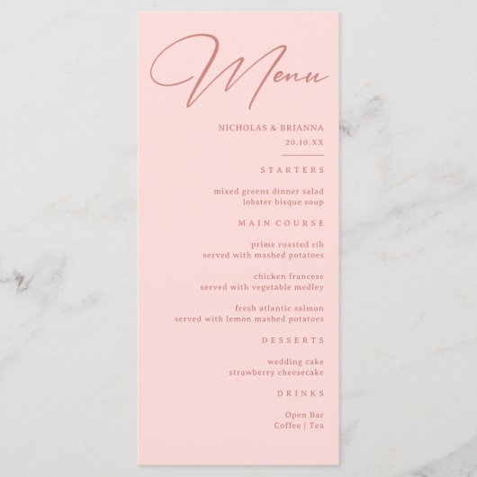 Menu Simple mariage rose pâle (Devant)