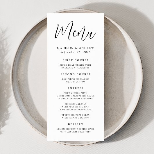 Menu Simple Mariage Script Calligraphié