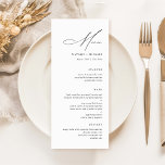 Menu Simple minimaliste moderne Mariage de calligraphie<br><div class="desc">Ce menu simple minimaliste de calligraphie Mariage est parfait pour toutes les occasions formelles comme un mariage, un dîner de répétition ou une fête de fiançailles. Le design est décoré dans des tons noir et blanc avec une touche moderne et minimaliste. La carte est simple et minimaliste, ce qui facilite...</div>