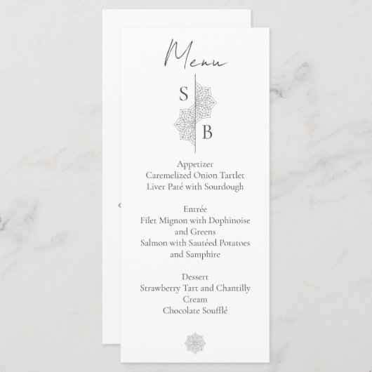 Menu Simple moderne Boho Monogramme Mandala Mariage (Devant / Derrière)