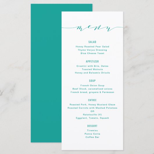 Menu Simple Moderne Calligraphie Turquoise (Devant / Derrière)