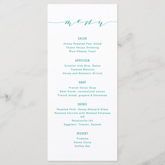 Menu Simple Moderne Calligraphie Turquoise (Devant)