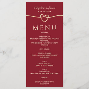 Menu Simple Moderne Élégant Cœur Rouge et Or Mariage