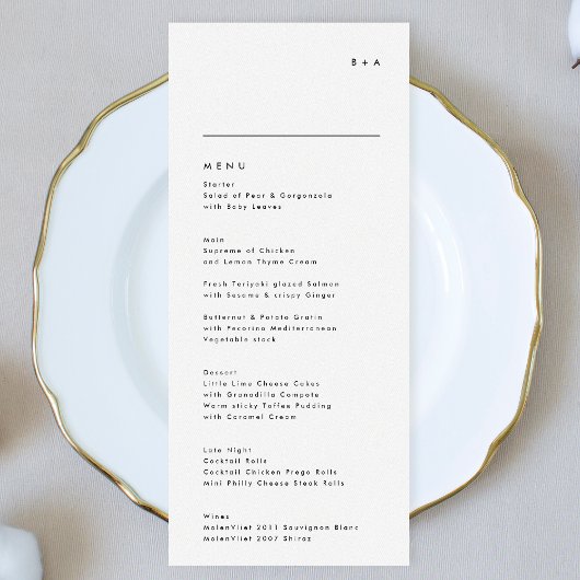 Menu Simple moderne noir blanc Mariage Monogramme
