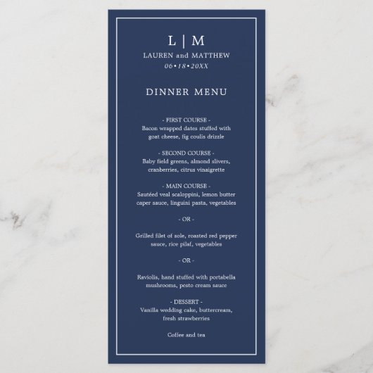 Menu Simple Monogramme Bleu Marine Élégant de Mariage (Devant)