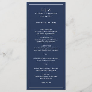 Menu Simple Monogramme Bleu Marine Élégant de Mariage