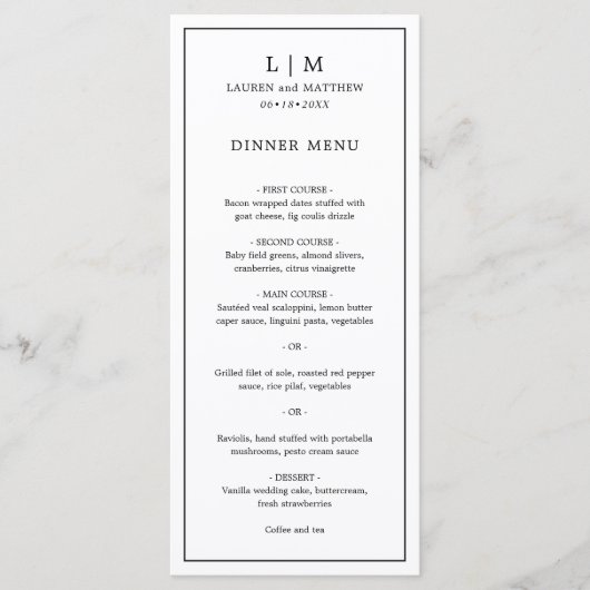 Menu Simple Monogramme Noir et Blanc Mariage Élégant (Devant)