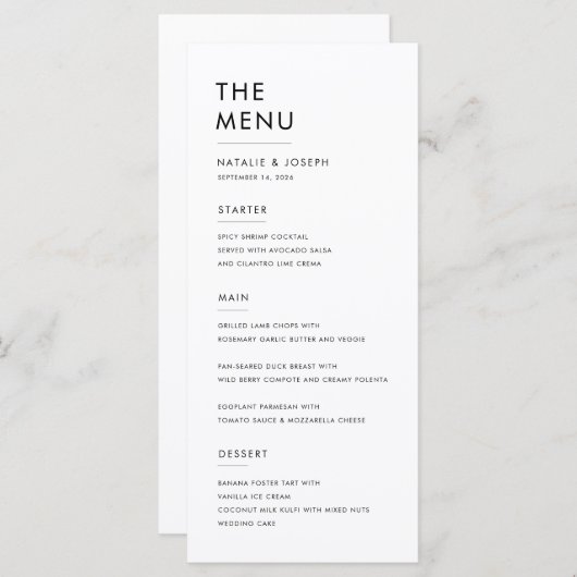 Menu Simple Noir & Blanc Élégant dîner de mariage Nourr (Devant / Derrière)