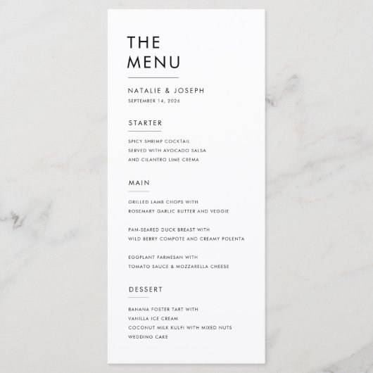 Menu Simple Noir & Blanc Élégant dîner de mariage Nourr (Devant)