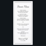 Menu Simple Noir Blanc Moderne Mariage élégant<br><div class="desc">Menu Mariage moderne en noir et blanc minimaliste avec l'en-tête et vos noms dans un script élégant avec votre menu entouré d'une fine bordure. Le côté arrière a votre monogramme en bas. Les polices et la bordure peuvent être changées en n'importe quelle couleur en cliquant sur le bouton "personnaliser". Ces...</div>