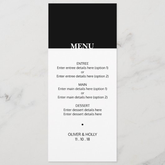 Menu simple noir et blanc mariage (Devant)