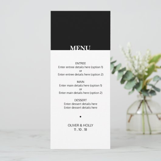 Menu simple noir et blanc mariage (Debout devant)