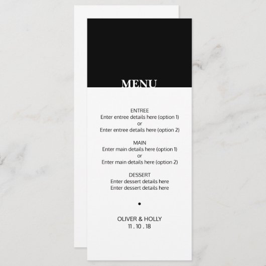 Menu simple noir et blanc mariage (Devant / Derrière)
