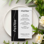Menu Simple noir et blanc Script Cuisine personnalisée<br><div class="desc">Simple Black and White Script Custom Meals Menu" - un ajout classique et élégant à votre réception de mariage. Ce menu propose un jeu de couleurs noir et blanc intemporel avec une typographie stylée, vous permettant de customiser les repas selon vos préférences. Customisez le nom de la mariée et du...</div>