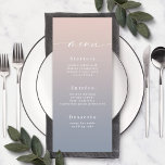 Menu Simple Ombre Blush Pink & Dusty Blue Mariage<br><div class="desc">Simple Ombre Blush Rose & Dusty Blue Wedding Menus Dîner De Réception. Cette carte Menu chic moderne est simple classique et élégant avec un dégradé d'ombre subtil et une jolie police de calligraphie de script signature avec queues. Montré dans la nouvelle Colorway. Disponible en plusieurs options de couleur, ou n'hésitez...</div>