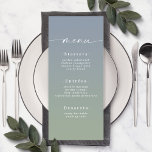 Menu Simple Ombre Dusty Blue & Green Mariage<br><div class="desc">Menus Simple Ombre Dusty Blue & Green Wedding À La Réception. Cette carte Menu chic moderne est simple classique et élégant avec un dégradé d'ombre subtil et une jolie police de calligraphie de script signature avec queues. Montré dans la nouvelle Colorway. Disponible en plusieurs options de couleur, ou n'hésitez pas...</div>