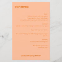 Menu Simple Peach Orange Simple Custom Wedding