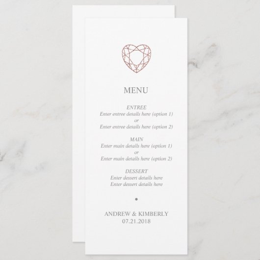 Menu simple rose or coeur mariage (Devant / Derrière)