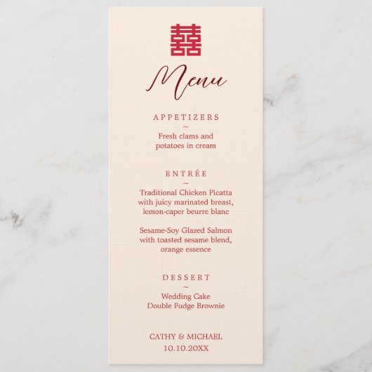 Menu Simple rouge moderne double bonheurmariage chinois (Devant)