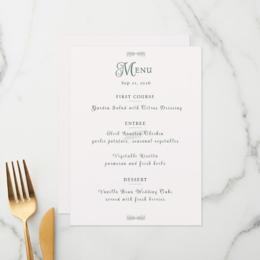 Menu Simple Sage Green Botanical Minimalist Wedding (Devant/Arrière en situation)