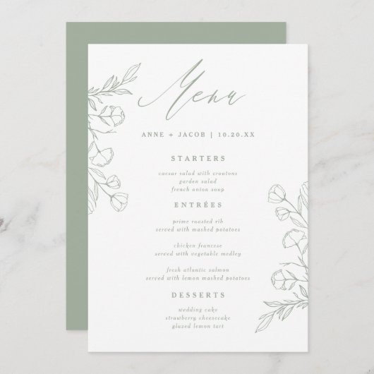 Menu Simple Sage Vert verdure Boho Floral Mariage (Devant / Derrière)