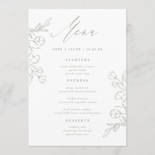 Menu Simple Sage Vert verdure Boho Floral Mariage (Devant)
