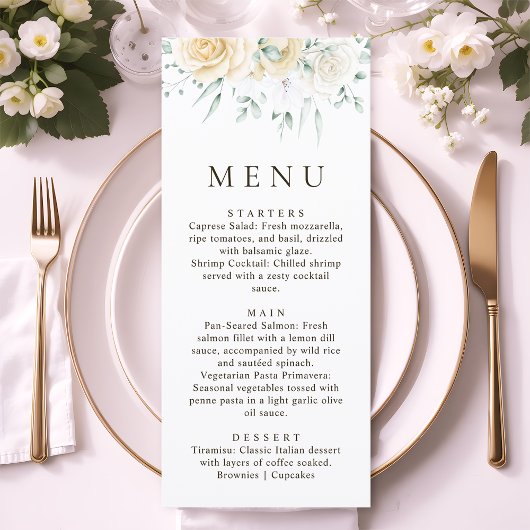 Menu Simple Watercolour Eucalyptus White Rose Wedding