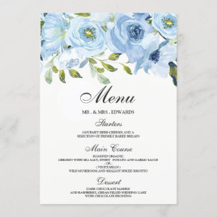 Menu Sky Blue Watercolor Flowers Mariage moderne