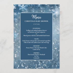 Menu Snowflake Winter Wonderland Baby shower bleu