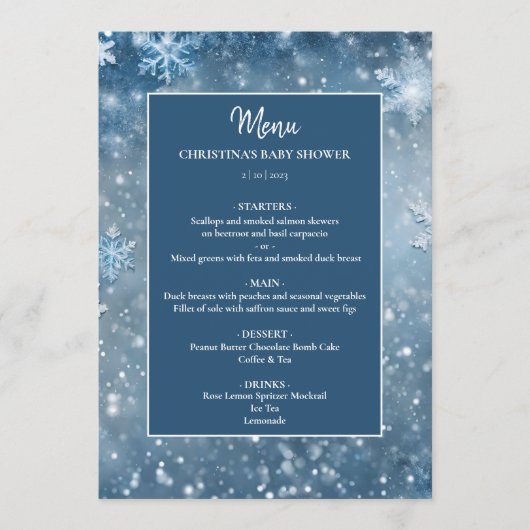 Menu Snowflake Winter Wonderland Baby shower bleu (Devant)