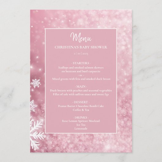 Menu Snowflake Winter Wonderland Baby shower rose (Devant)