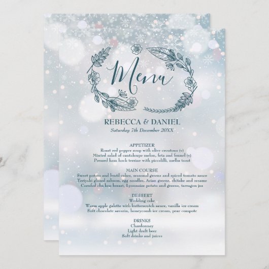 Menu Snowflakes d'hiver Rustique Floral Mariage (Devant / Derrière)