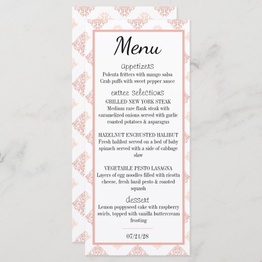 Menu Soft Peachy Blush Damask (Devant / Derrière)